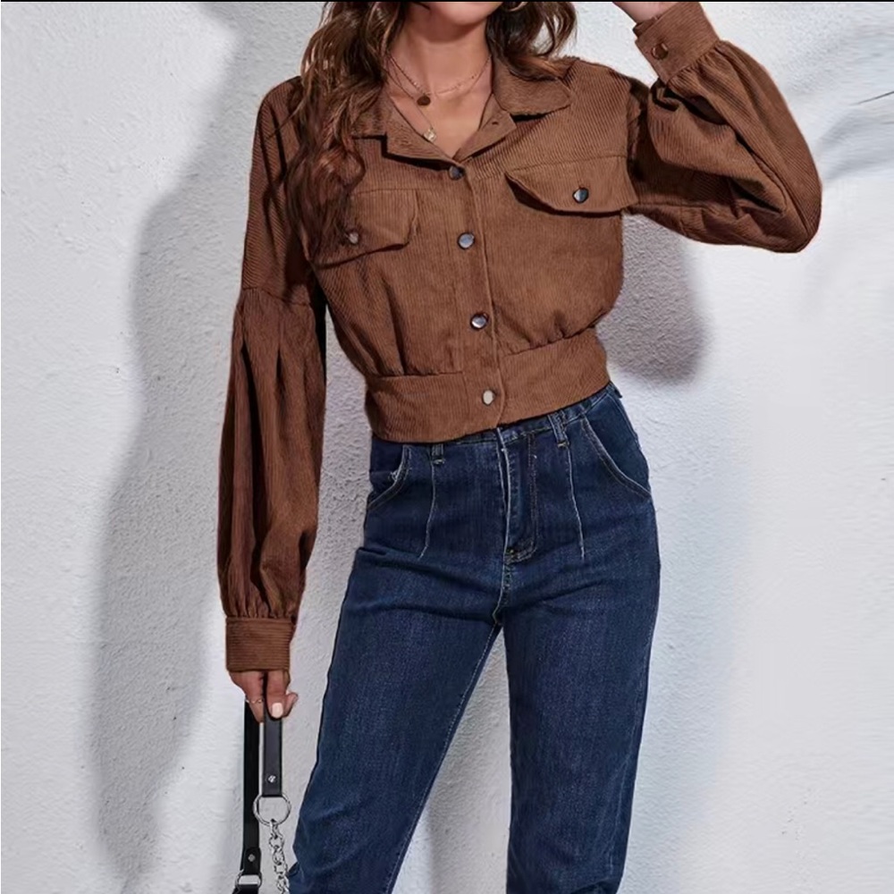 Lantern sleeve crop jacket brown light weight so cute